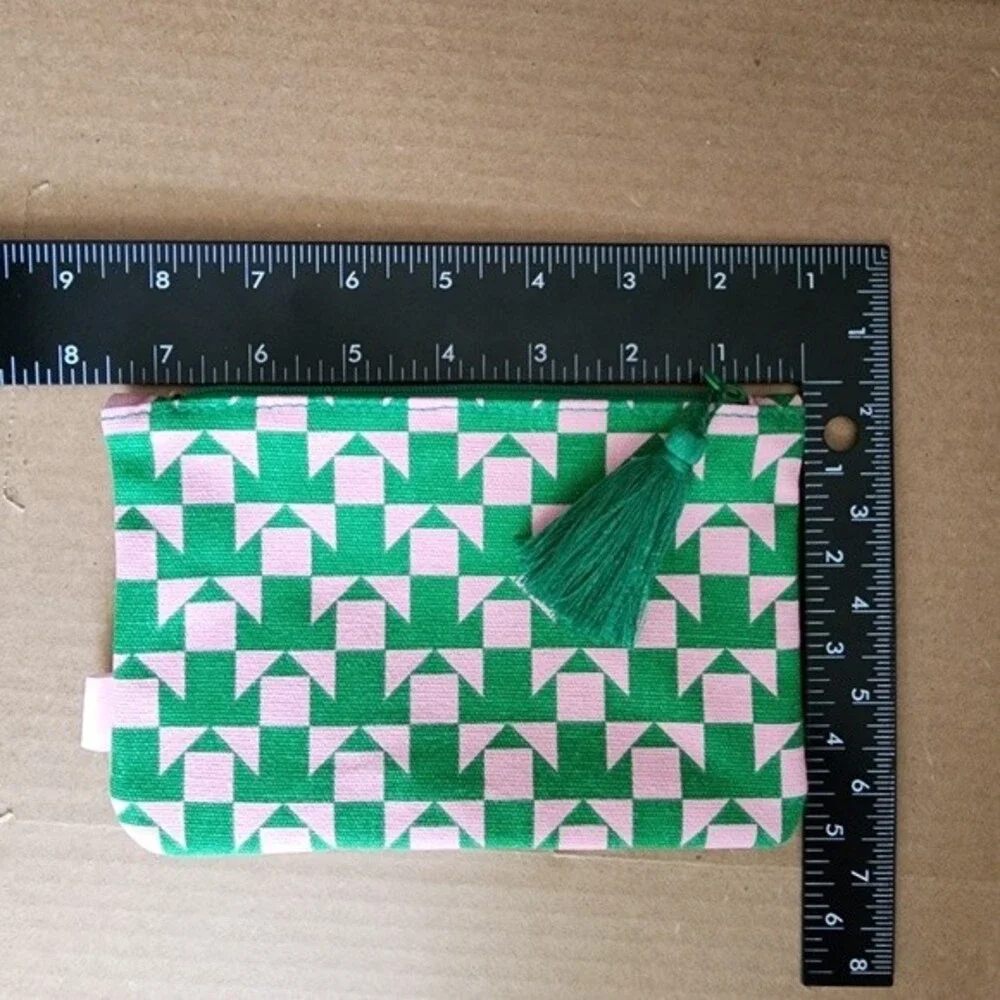 Ipsy Tassel Pouch Zippered Cosmetic Bag Geometric Green & Soft Pink Toiletries - Picture 7 of 10